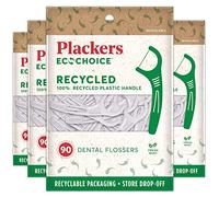 Plackers EcoChoice Lot de 4 fils dentaires recyclés à la menthe fraîche, poignée facile à saisir, cure-dents intégré, fabriqué en plastique de qualité alimentaire 100% recyclé, 360 pièces