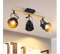 Plafonnier 3 flammes noir vintage pivotant 350° E14 bois industriel barre spots