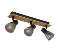 Plafonnier 3 flammes plafonnier noir lampe de chambre en bois, 3 spots orientables, verre métal, fumée noire, 3x douilles E14, LxlxH 40x7x15,5 cm