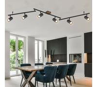 Plafonnier 6 lampes, spot, aspect bois, plafonnier orientable, scandinave, métal graphite, 6x douilles GU10, HxLxLxP 18,5x180x10x5,5 cm