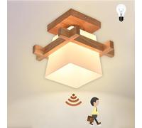 Plafonnier avec Ampoule LED Detecteur de Mouvement Interieur Moderne Lampe de Plafond En Bois En Verre Couloir Lampe Plafond 3000K Lumière du capteur pour Balcon Escaliers Entrée Cuisine Éclairage,E27