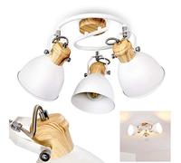Plafonnier Banjul en métal blanc et aspect bois, 3 spots de plafond rétros orientables, pour 3 ampoules E27, ampoule(s) non incluse(s)