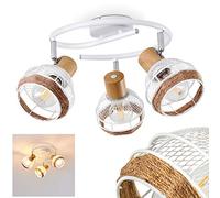 Plafonnier Bariloche en bois, raffia & métal blanc, 3 spots de plafond pivotants créant un effet lumineux au plafond par les abat-jours grillagés, pour 3 ampoules E27, ampoule(s) non incluse(s)