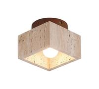 Plafonnier carré moderne en travertin avec base en bois massif, idéal pour un couloir ou une entrée. Luminaire décoratif minimaliste à l'éclairage d'ambiance chaleureux, culot E26, en pierre naturelle