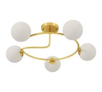 Plafonnier Design Néo-Rétro 5 Globes Verre Blanc Opaque Max. 20w Métal Doré