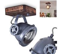 Plafonnier Herford en bois, métal gris et verre, spot de plafond orientable rétro-industriel idéal dans un salon vintage, pour 1 ampoule GU10, ampoule(s) non incluse(s)