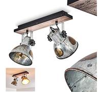 Plafonnier Hora en métal noir, gris effet rouille et aspect bois, 2 spots de plafond rétro-industriels pivotants, idéal dans un salon vintage, pour 2 ampoules E27, ampoule(s) non incluse(s)