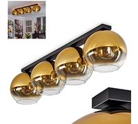 Plafonnier Koyoto, plafonnier moderne en métal/verre noir/doré/clair, luminaire à 4 flammes au design rétro/vintage avec abat-jour en verre (Ø 30 cm), 4 x E27, ampoule(s) non incluse(s)