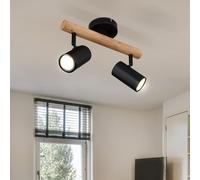 Plafonnier lampe salon salle à manger plafonnier spot, bois métal noir, GU10, 2 flammes, L 30 cm