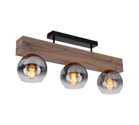 Plafonnier, lampe de chambre, spot de plafond, aspect bois, plafonnier 3 flammes, verre fumé, métal MDF, 3x douille E27, LxH 65 x 28 cm