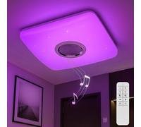 Plafonnier lampe de salon dimmable veilleuse, application haut-parleur Bluetooth télécommande LED RVB, 1x LED 18W 1120lm 3000-6000K, LxlxH 37x37x8,5cm