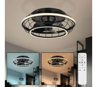 Ventilateur de plafond plafonnier noir lumière de salon dimmable, anneaux LED télécommande minuterie CCT, LED 30W 1300lm 2700-6500K, DxH 50x18 cm