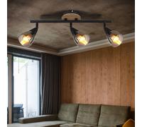 Plafonnier, plafonnier, spot de plafond, lampe de salon, lampe de chambre, lampe de couloir, métal, bois, verre, noir, marron, fumé, 3 ampoules, spots mobiles E14, L 42 cm