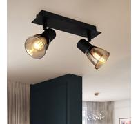 Plafonnier lampe de salon bois métal verre 2 lampes noir mat interrupteur à bascule