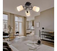 Plafonnier Lampe De Salon Rond 3 Flammes Métal Bois Abat-Jour Rond