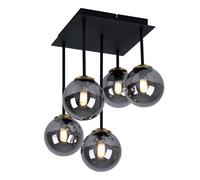 Plafonnier lampe sphérique, luminaire salon, 5 flammes, métal laiton, noir, verre fumé, 5x douilles G9, LxlxH 25,5x25,5x38 cm