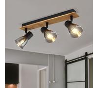 Plafonnier 3 flammes plafonnier noir lampe de chambre en bois, 3 spots orientables, verre métal, fumée noire, 3x douilles E14, LxlxH 40x7x15,5 cm