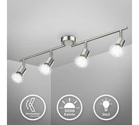 B.K.Licht plafonnier LED 4 spots pivotants & orientables, 4 ampoules LED 2,9W GU10, barre spots plafond salon salle à manger cuisine couloir, 2 bras tournants, lumière blanche chaude