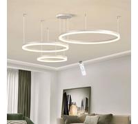 Plafonnier LED 75W à intensité Variable 7650LM Hauteur et Forme réglables Télécommande 3000K 6000K Suspension Moderne à 3 Anneaux en Aluminium 20 40 60 cm pour Salon Cuisine Restaurant.