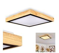 Plafonnier LED Corinto, lampe en métal noir/bois naturel/plastique blanc, luminaire scandinave idéal dans un séjour modern, 18 Watt, 1820 Lumen, 3000 Kelvin