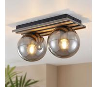 Plafonnier LED Globo Style Bois Verre 2 Lumières L 35 cm Salon