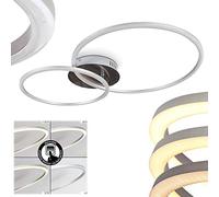 Plafonnier LED Johsa en métal argenté à intensité variable via un interrupteur mural classique, un des anneaux lumineux pivote pour changer le design à souhait, 26 Watt, max. 3000 Lumen, 3000 Kelvin