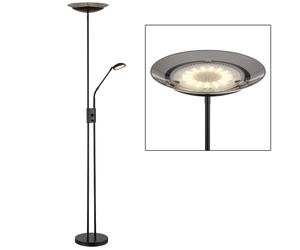 Plafonnier LED lampadaire salon lampe de chambre, métal verre noir plastique fumé, bras de lecture dimmable orientable Flexo, 18W 1140lm 3000K blanc chaud, H 178,5 cm