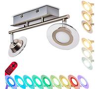 Plafonnier LED Marsen, luminaire RGB à intensité variable en métal nickel-mat et plastique, 2 spots de 9 Watt, 400 Lumen au total, teinte de lumière de 2700 à 5000 Kelvin, télécommande incluse