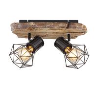 Plafonnier LED Salon aspect bois Spots de plafond 2 flammes rétro tressés Spots réglables, métal plastique, 2x 6,5W 806LM blanc chaud, LxlxH 38,5x12x23 cm