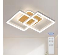 Plafonnier LED Salon Moderne Géométrique 40W Lampe de salon avec télécommande Variateur continu Blanc avec bois Plafonnier Salon