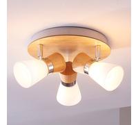 Plafonnier Lindby Vivica, Ø 26 cm, chrome/bois, à 3 lampes Vivica Lindby, dimmable, bois clair, Salon / Salle à manger, Bois, Scandinave, Plafonnier
