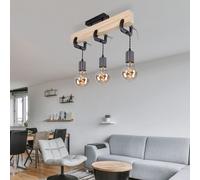 Lampe en bois plafonnier 3 flammes salle à manger lampe salon, bois métal coloris naturel noir, 3x douilles E27, HxLxP 39x60x14 cm