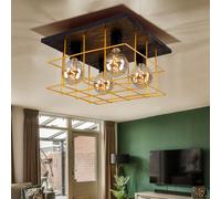 Plafonnier Luminaire Sportif 4 à Flammes Bois Noir Grille en Métal Or