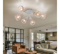 Plafonnier Luminaire Sportif Lampe de Salon 6 à Flammes E27 Bois Blanc Bast Cage