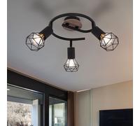 Plafonnier spot Rondell bois lampe de salon industriel Rondell plafonnier 3 flammes à régler, grille métal noir, 3x douilles E14, DxH 23x21,5 cm