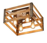 Plafonnier maison de campagne en bois, abat-jour rétro, boîte en bois vintage, métal nickel naturel, 4 douilles E27, LxlxH 40x40x20 cm