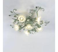 Plafonnier Moderne en Forme de Fleur Macaron Vert, 6 Ampoules Semi-encastrées, Abat-Jour en Verre dépoli, luminaire Floral Vintage avec Rosace pour Chambre de Fille Pastorale, sall