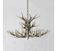 Plafonnier Moderne en résine et Bois de cerf Rustique 9 avec Perles en Verre Cristal, Pendentif en Corne de cerf, Style Shabby Chic, Style Ferme, Lustre Vintage en Faux Bois de CER