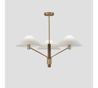 Plafonnier Moderne, Lustre Traditionnel en Tissu, 3 luminaires Classiques pour Salle à Manger, Lustre de Ferme doré avec Abat-Jour en Lin et Colonne Centrale en Bois de Noyer