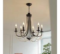 Plafonnier Moderne Noir Style Ferme avec Perles de Bois et métal, Style Vintage, Style Rustique, 6 candélabres, pour Salle à Manger, Salon, Chambre à Coucher