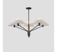Plafonnier Moderne Noir Style Ferme, luminaire de Salle à Manger Classique, Lustre Traditionnel en Tissu avec Abat-Jour en Lin et Colonne Centrale en Bois de Noyer.