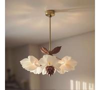 Plafonnier Moderne Rustique à pétales de Fleurs, Abat-Jour Floral en Tissu Blanc, Style Ferme en Bronze, luminaire de Salle à Manger Art déco avec Pomme de pin et Feuilles