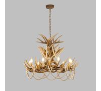 Plafonnier Moderne Style Ferme, Grand Lustre Rustique en Bois de cerf, avec Perles en Bois et 9 Cornes de cerf, Style Bougie, pour Salle à Manger, Salon, Hall d'entrée.