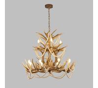 Plafonnier Moderne Style Ferme, Grand Lustre Rustique en Bois de cerf avec Perles en Bois, luminaire en Corne de cerf, Style Bougie, pour Salle à Manger, Salon, Hall d'entrée