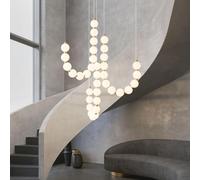 Plafonnier Moderne Style Milieu de siècle, Lustre doré avec Collier de Perles, Lustre à Boules givrées en Forme de U avec Abat-Jour Globe Blanc en Acrylique pour Salle à Manger - C