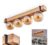 Plafonnier Montgomery, plafonnier en métal/bois/verre noir/naturel/ambre, design scandinave avec poutre en bois (80 cm) et boules en verre (Ø 15 cm), 4 x douille E27, sans ampoules