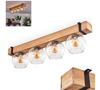 Plafonnier Montgomery, plafonnier en métal/bois/verre noir/naturel/clair, design scandinave avec poutres en bois (80 cm) et boules en verre (Ø 15 cm), 4 x douille E27, sans ampoules