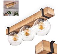Plafonnier Montgomery, plafonnier en métal/bois/verre noir/naturel/clair, luminaire au design scandinave avec poutre en bois (60 cm) et boules en verre (Ø 15 cm), 3 x E27, sans ampoules