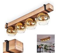 Plafonnier Montgomery, plafonnier en métal/bois/verre noir/naturel/doré/clair, design scandinave avec poutres en bois (80 cm) et boules en verre (Ø 15 cm), 4 x douille E27, sans ampoules