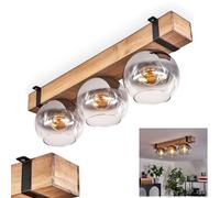 Plafonnier Montgomery, plafonnier en métal/bois/verre noir/naturel/fumée/clair, design scandinave avec poutres en bois (60 cm) et boules en verre (Ø 15 cm), 3 x E27, sans ampoules